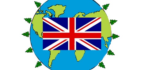 Powiększ grafikę: Flaga Wielkiej Brytanii na tle kuli ziemskiej.