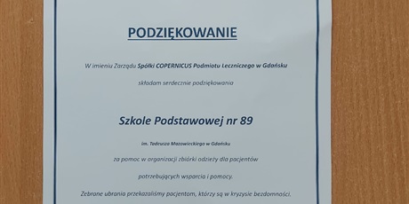 Podziękowanie od Zarządu Spółki COPERNICUS Podmiotu Leczniczego w Gdańsku