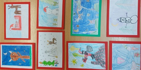 Powiększ grafikę: 11 wyróżnionych kartek świątecznych wykonanych  przez dzieci.