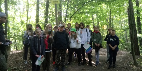 Powiększ grafikę: Uczniowie na zdjęciu grupowym podczas spaceru w lesie